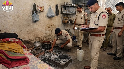 Police team investigating the spot where three members of a labour family were found dead in Faridabad.