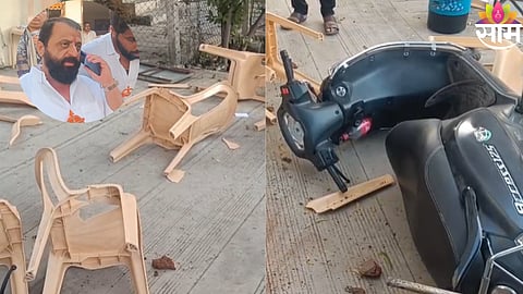 Police personnel inspecting the vandalised residence of Shinde Sena candidate in Dhule after a pre-poll attack.