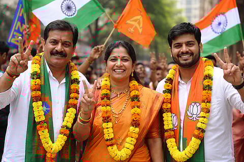 Members of the same family celebrate victory after winning from different political parties in Thane municipal elections.