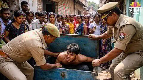 Police and locals gather as a man is rescued from an iron box in Kanpur village.