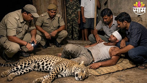 Forest officials inspect the spot where a leopard was killed during a midnight struggle with a youth in Odisha