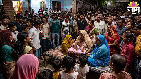 Villagers gather outside the house after a bride gives birth to a baby girl just hours after her wedding in Uttar Pradesh.