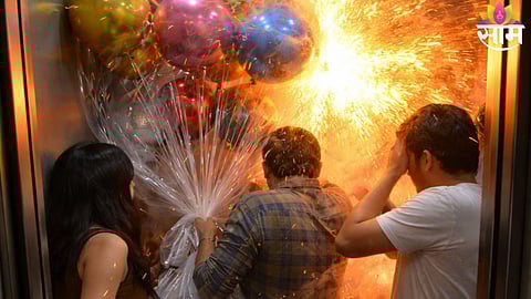 CCTV grab showing the moment gas-filled balloons exploded inside a residential lift in Goregaon, Mumbai.