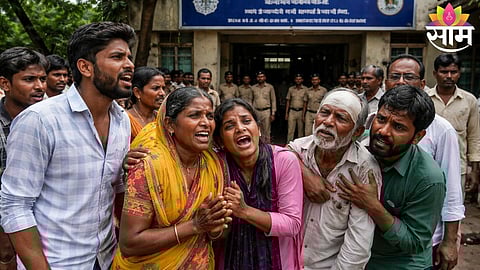 Family members of the missing minor girl demand justice outside Neknoor Police Station in Beed.
