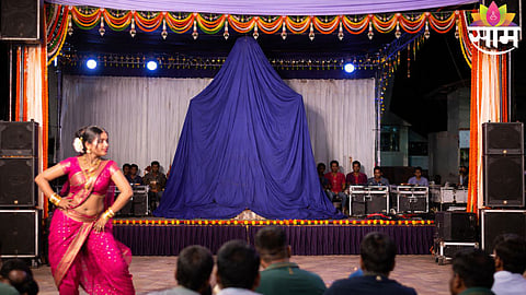 Shivaji Maharaj statue reportedly covered with a curtain during a night cultural event in Wadange village, Kolhapur