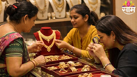 Women checking gold jewellery prices at a jewellery shop amid viral claims of a major price crash