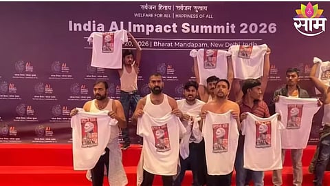 Youth Congress workers raise slogans during a protest at the AI Impact Summit venue in New Delhi