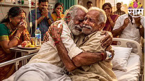 Two brothers share an emotional moment in Khamgaon hospital after reuniting 55 years apart.