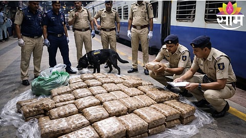 Railway Police officials inspect seized packets of charas worth ₹13.83 crore recovered from a general coach at Bandra Terminus, Mumbai.