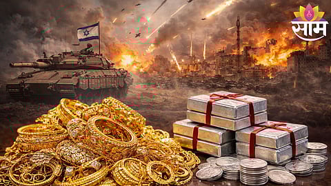 Customers check gold ornaments at a jewellery store as prices surge amid global war tensions.