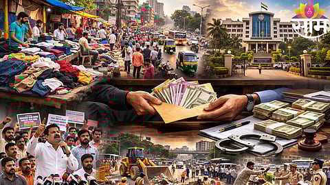 Hawkers occupy a busy roadside area in Kalyan-Dombivli as political controversy erupts over alleged daily bribe collections from street vendors.