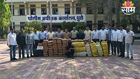 Police display seized 570 kg ganja worth ₹1.5 crore after a major drug bust in Dhule.