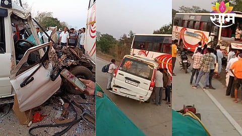 Wreckage of the Scorpio vehicle after a fatal collision with a travel bus on the Gadchiroli-Chamorshi road.