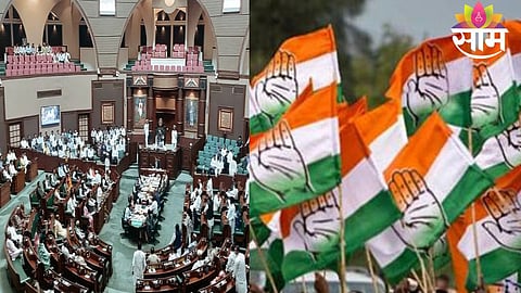 Congress leaders protest inside the assembly premises after MLA Rajendra Bharti’s disqualification in Madhya Pradesh.