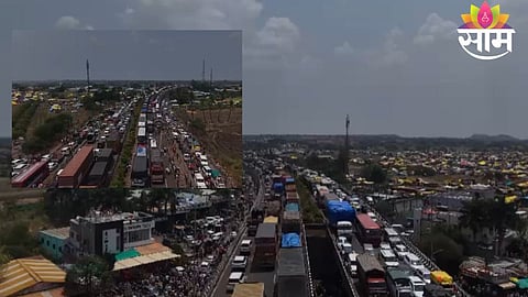 Long queues of vehicles seen on Solapur-Dhule Highway due to heavy rush of devotees attending Yeramala Yedeshwari Yatra.