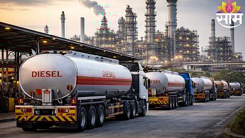 Fuel trucks lined up at a depot as India increases diesel export duty, raising concerns over transport costs and inflation.