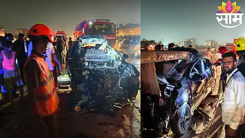 Wrecked car after a fatal collision with a trailer truck near Kharegaon Toll Plaza on the Mumbai-Nashik Highway in Thane.