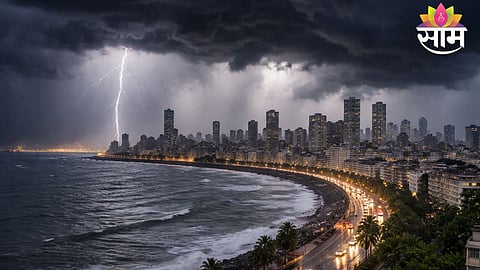 Dark clouds gather over Mumbai skyline as IMD issues thunderstorm and rainfall alert across Konkan region.