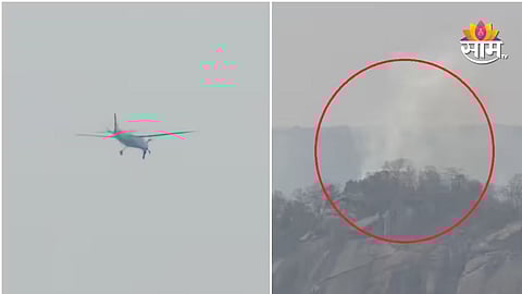 Crash site of private plane in Jashpur जंगल area of Chhattisgarh with smoke and fire visible after hitting a hill.