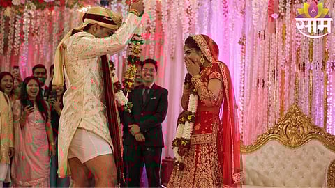 A hilarious moment as the groom struggles after his pajama slips during the wedding ceremony, leaving guests in splits.