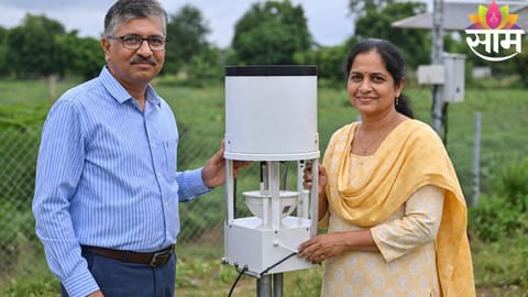 A Pune-based couple showcasing their innovative tipping bucket rain gauge designed to measure rainfall with high precision for farmers.