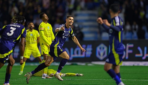 فرحة كريستيانو رونالدو لاعب النصر بتسجيل هدف في مرمى الخليج