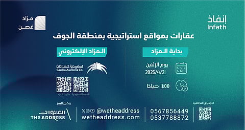 "العنوان العقارية" تطرح 6 فرصٍ عقاريةٍ بمنطقة الجوف في مزاد "غصن" الإلكتروني