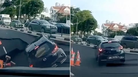 بالفيديو.. حفرة مائية ضخمة تبتلع سيارة في سنغافورة وتنقل امرأة إلى المستشفى