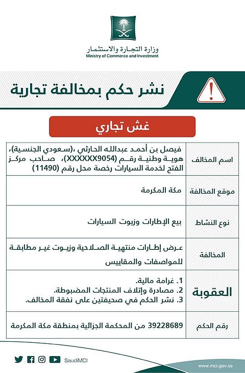 إعلان تشهير رسمي.. "التجارة" تشهِّر بمنشأة تبيع إطارات منتهية الصلاحية وزيوتًا غير مطابقة للمواصفات بمكة المكرمة