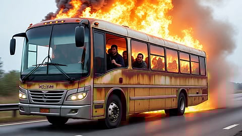 A passenger bus on National Highway 12 turned into a ball of fire.