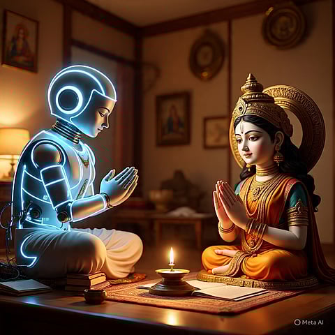 Priests were unavailable, so AI performed the Saraswati Puja in their place!