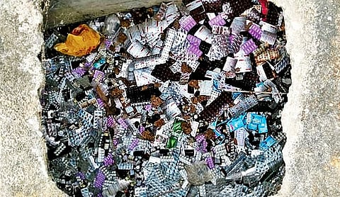 A large quantity of expired medicines was recovered from the drain.