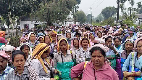 प्रदर्शन करती महिला चाय श्रमिक