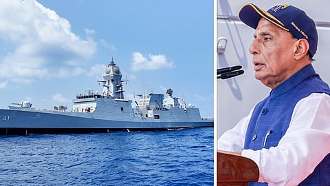 ‘आईएनएस तारागिरी’ के जलावतरण समारोह को संबोधित करते हुए रक्षा मंत्री राजनाथ सिंह।