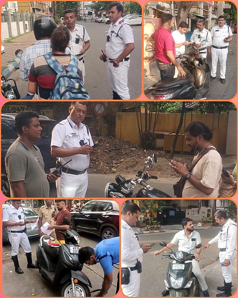 विभिन्न इलाकों में बिना हेलमेट वाले बाइकर्स का चालान काटते हुए ट्रैफिक सार्जेंट
