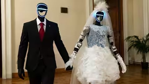 Humanoid robots walking in wedding attire at the ceremony
