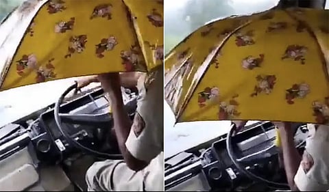बारिश में छत से टपक रहा था पानी, ड्राइवर छाता लगाकर चलाने लगा बस, वायरल हो गया Video