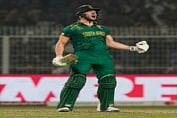 Kolkata: South Africa's David Miller celebrates his century during the ICC Men's Cricket World Cup 2023 second semi-final match between South Africa and Australia, at the Eden Gardens, in Kolkata, Thursday, Nov. 16, 2023. (PTI Photo/Swapan Mahapatra) (PTI11_16_2023_000342B)