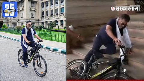 Karnataka Deputy Chief Minister DK Shivakumar falls on Assembly stairs while arriving on a bicycle, drawing public and media attention.

