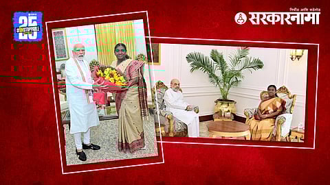 President Droupadi Murmu with PM Narendra Modi and Home Minister Amit Shah during a meeting at Rashtrapati Bhavan.