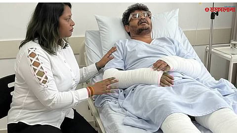 Advocate Gunratna Sadavarte’s hospital photo with hand and leg plaster goes viral on social media.