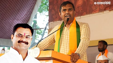 BJP MLA Mangesh Chavan during a public address where he targeted Shiv Sena MLA Kishor Patil over local political issues in Jalgaon.

