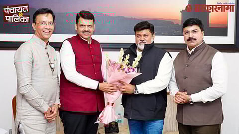 Chief Minister Devendra Fadnavis with Shiv Sena leader Uday Samant and BJP Pune election in-charge Ganesh Bidkar during key alliance discussions for Pune Municipal Corporation elections.