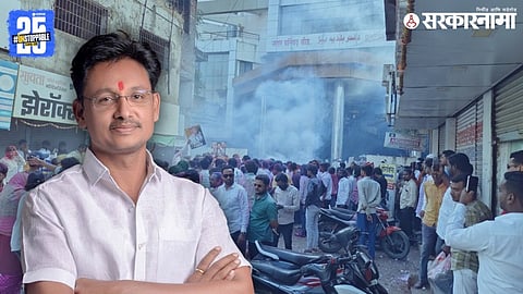 NCP leader Vinod Muluk after being elected unopposed as Deputy President of Beed Municipal Council, as party workers celebrate inside the municipal premises.