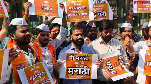 MNS leaders and workers protest over the Marathi versus non-Marathi mayor issue in Mira Bhayandar Municipal Corporation.