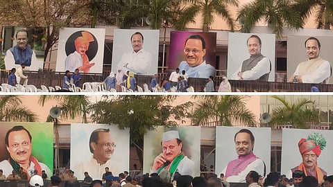 Large smiling flexes of late Deputy Chief Minister Ajit Pawar displayed at Vidya Pratishthan ground, Baramati, where thousands gathered for his final farewell.