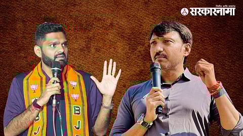 Shiv Sena MP Om Raje Nimbalkar addressing a public gathering in Dharashiv, where he issued a direct political challenge to Malhar Patil, escalating the long-standing local rivalry.