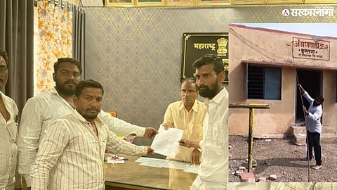 Sharad Kamble submitting a memorandum to the Block Development Officer over alleged corruption in Hatgaon development works.