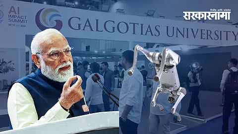 AI robotic dog showcased at the India AI Impact Summit 2026 in New Delhi, which later sparked controversy over its origin and authenticity claims.