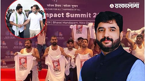 Security personnel intervene as Youth Congress workers protest during AI Impact Summit at Bharat Mandapam, drawing sharp reaction from Murlidhar Mohol.